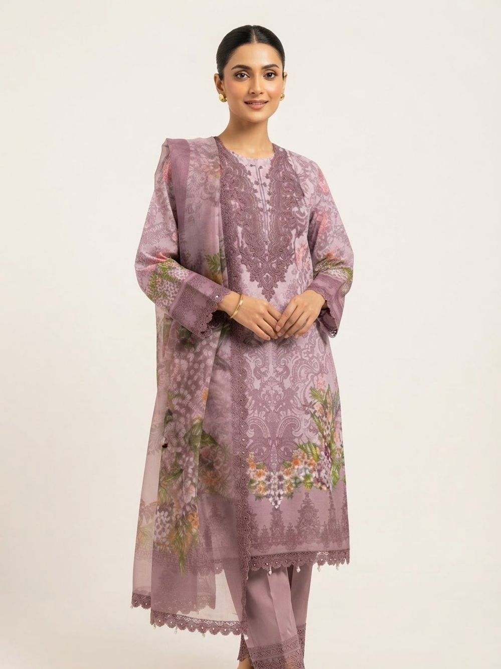 Mauve Floral Embroidered Lawn Suit Shalwar Kurta with Dupatta